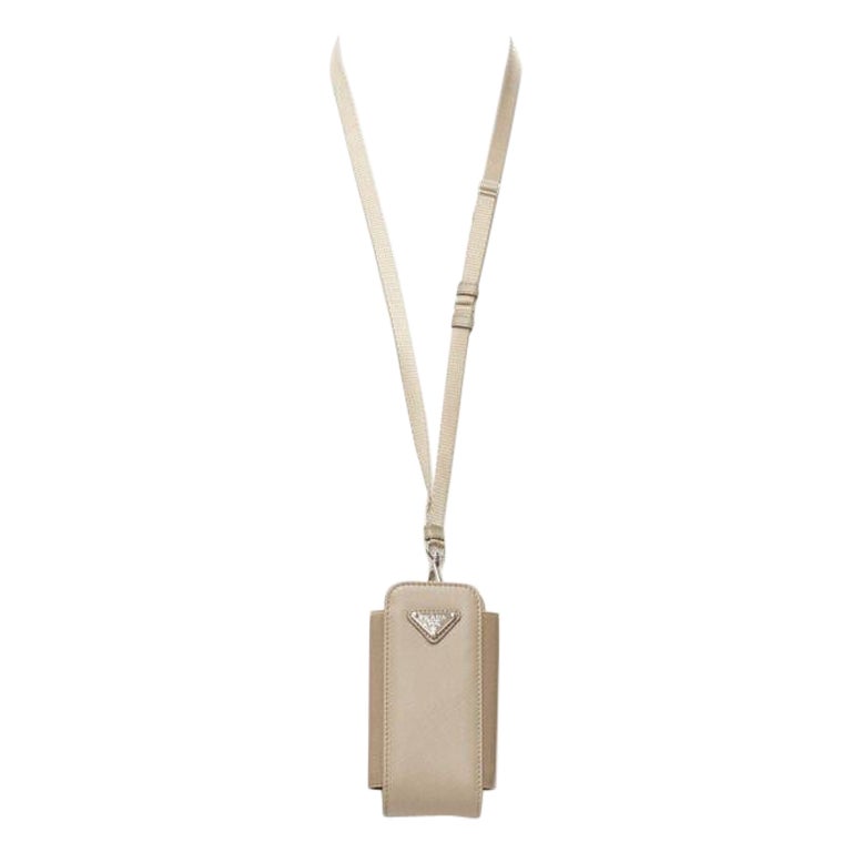 PRADA Symbole Triangle logo saffiano leather Phone lanyard bag beige nude For Sale