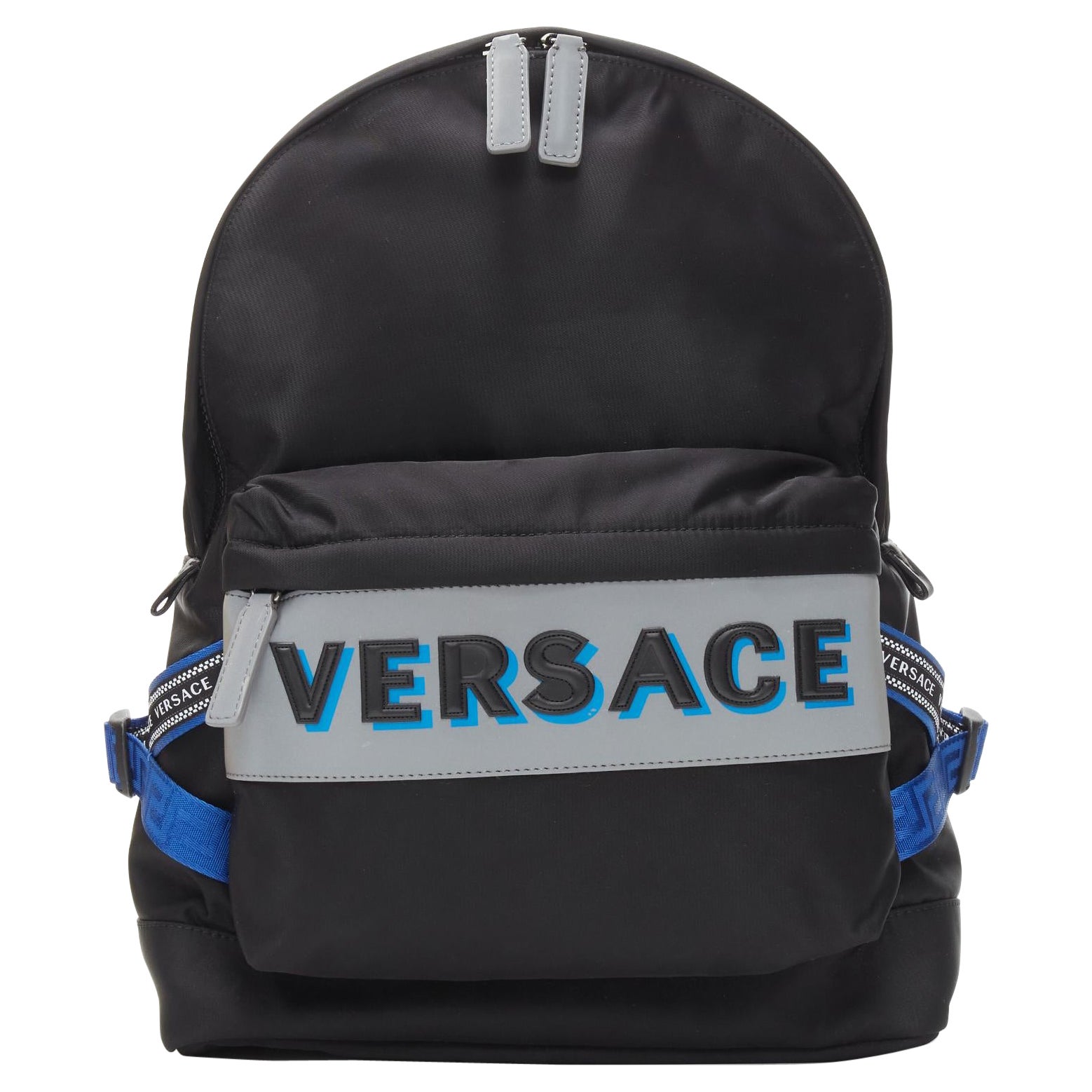 VERSACE Reflective Logo black nylon blue Greca nylon strap backpack For Sale
