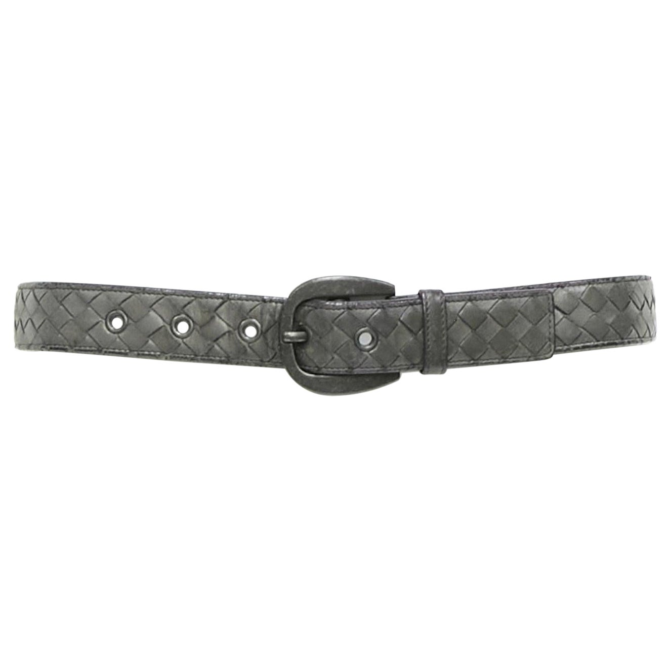 BOTTEGA VENETA grey intrecciato woven soft leather metal eyelet belt 85cm For Sale