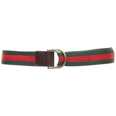 GUCCI green red web fabric silver logo D-ring brown leather belt