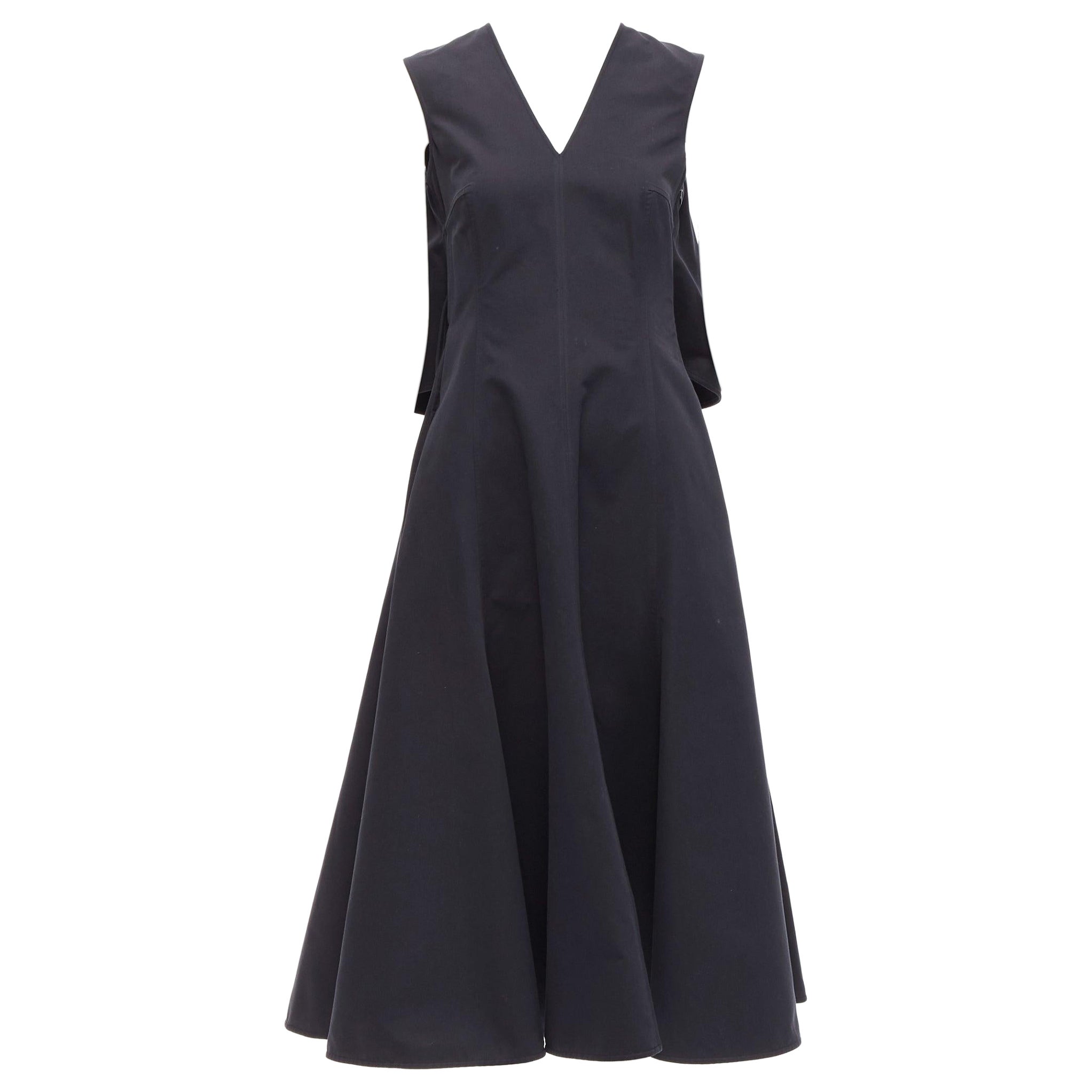JIL SANDER black cotton silk cape back cut out V-neck Aline midi dress FR32 XXS For Sale