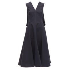 JIL SANDER black cotton silk cape back cut out V-neck Aline midi dress FR32 XXS