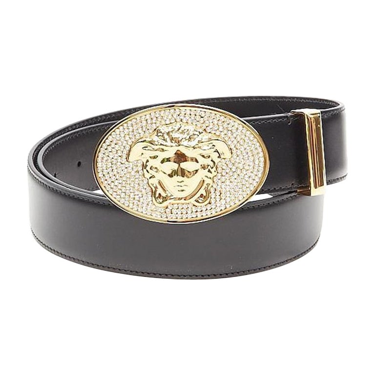 VERSACE La Medusa crystal gold buckle black leather belt 115cm 44-48" For Sale
