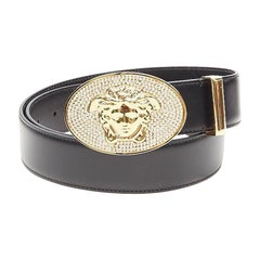 Used VERSACE La Medusa crystal gold buckle black leather belt 115cm 44-48"