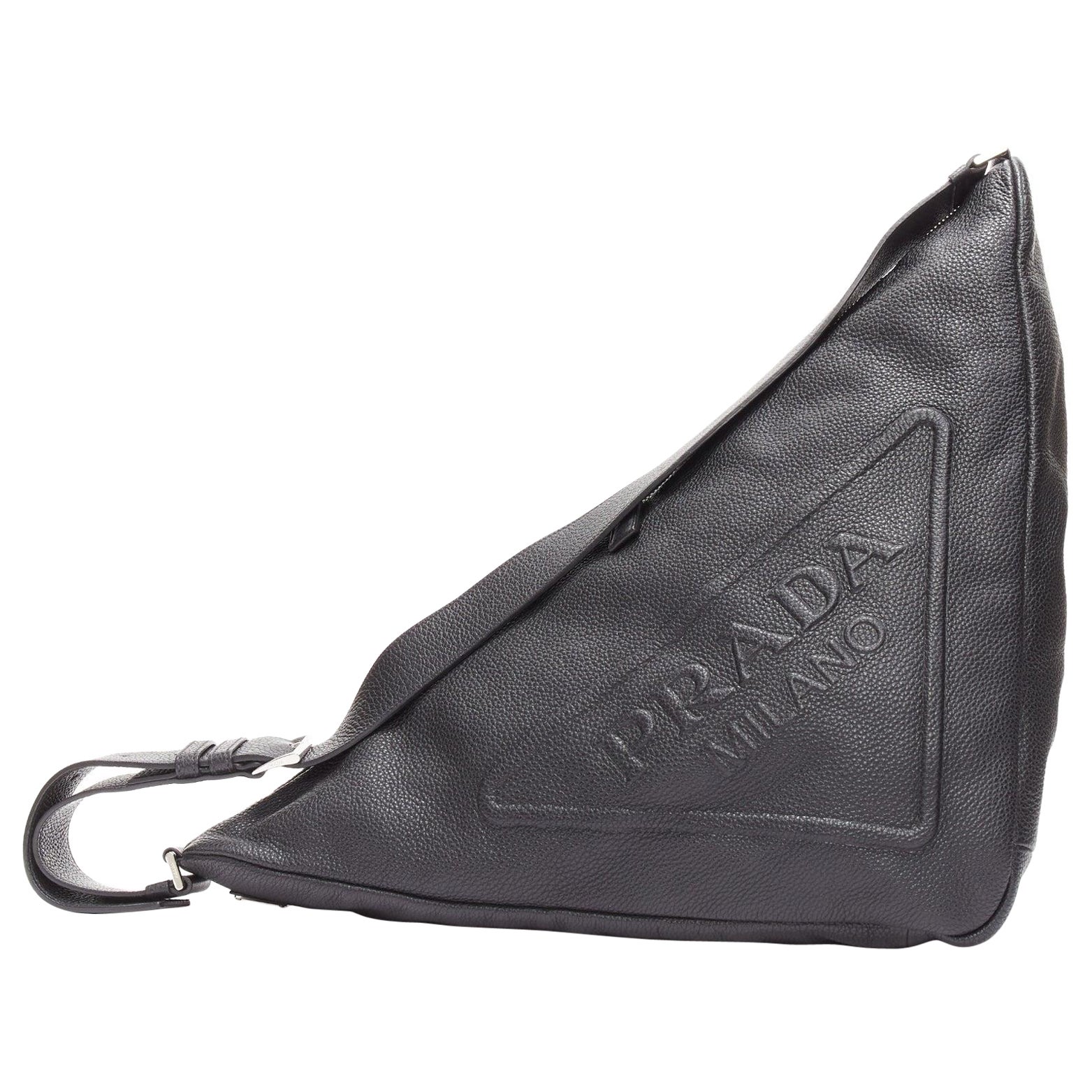 PRADA Triangle black textured leather big logo large messenger shoulder bag For Sale