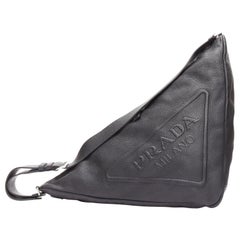 PRADA Triangle black textured leather big logo large messenger shoulder bag