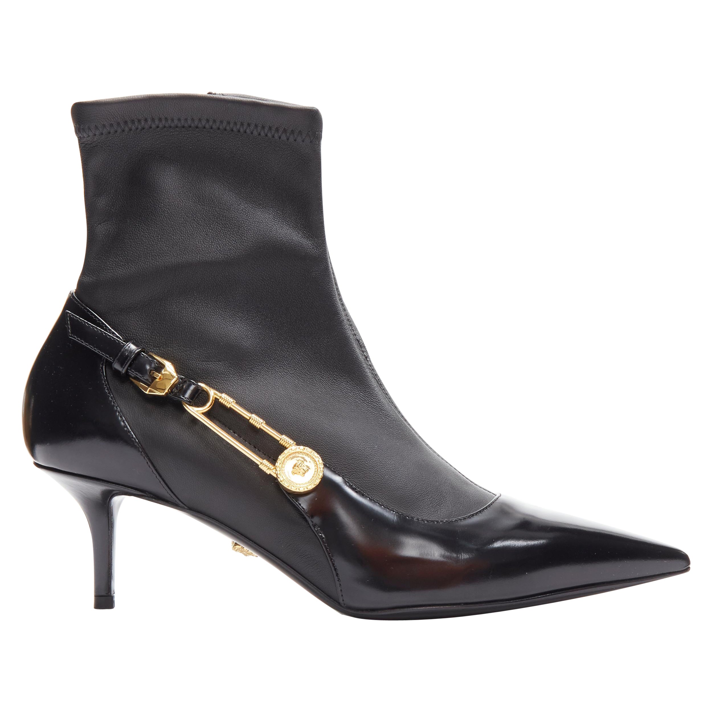 VERSACE gold Medusa Punk Safety Pin black leather kitten heel bootie EU38 For Sale