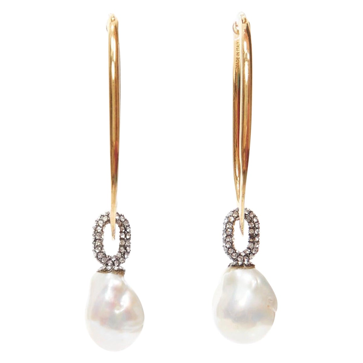 OLD CELINE Baroque Pearl crystal pave  gold dangling oval hoop earrings pair