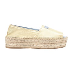 PRADA metallic gold leather logo peep toe jute platform espadrille shoe EU38