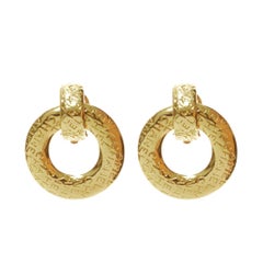 CHANEL Vintage gold etched CC logo monogram drop ring oversized clip on earrings