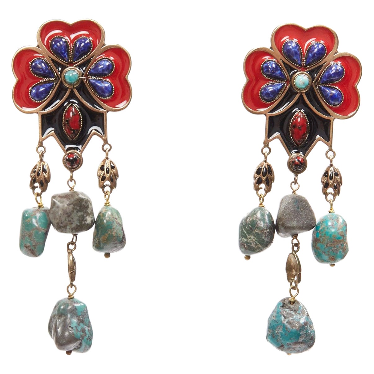 ETRO - Paire de boucles d'oreilles clip en émail bleu rouge, fleur, pierre, goutte d'or en vente