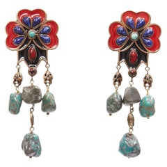 ETRO - Paire de boucles d'oreilles clip en émail bleu rouge, fleur, pierre, goutte d'or