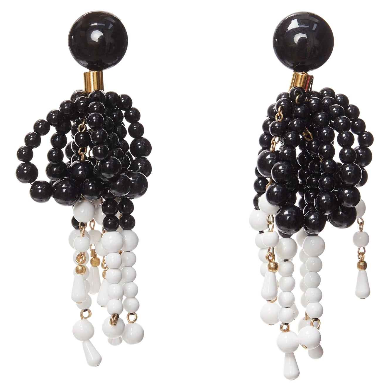 MARNI black plastic beads drop tassel statement dangling clip on earrings pair For Sale