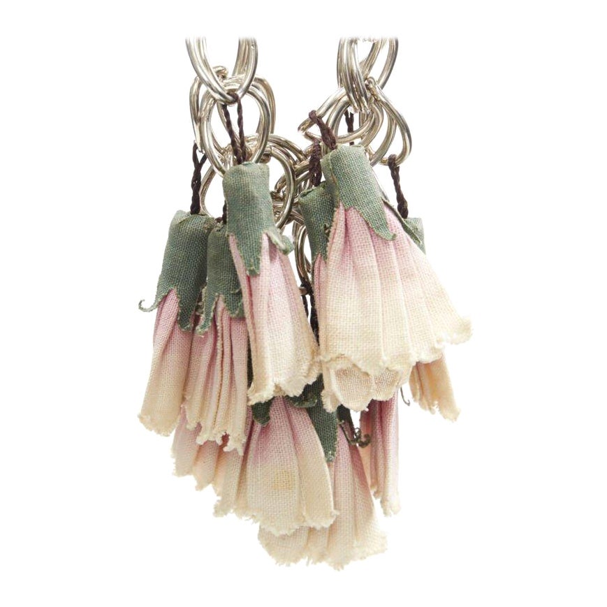 MARNI grün-rosa Canvas Blumen Quaste Silberring Kette Lederbesatz Halskette im Angebot