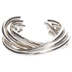 SAINT LAURENT Hedi Slimane silver metal architectural layered twist cuff bangle