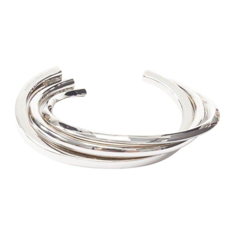 SAINT LAURENT Hedi Slimane silver brass architectural triple twist cuff bracelet For Sale