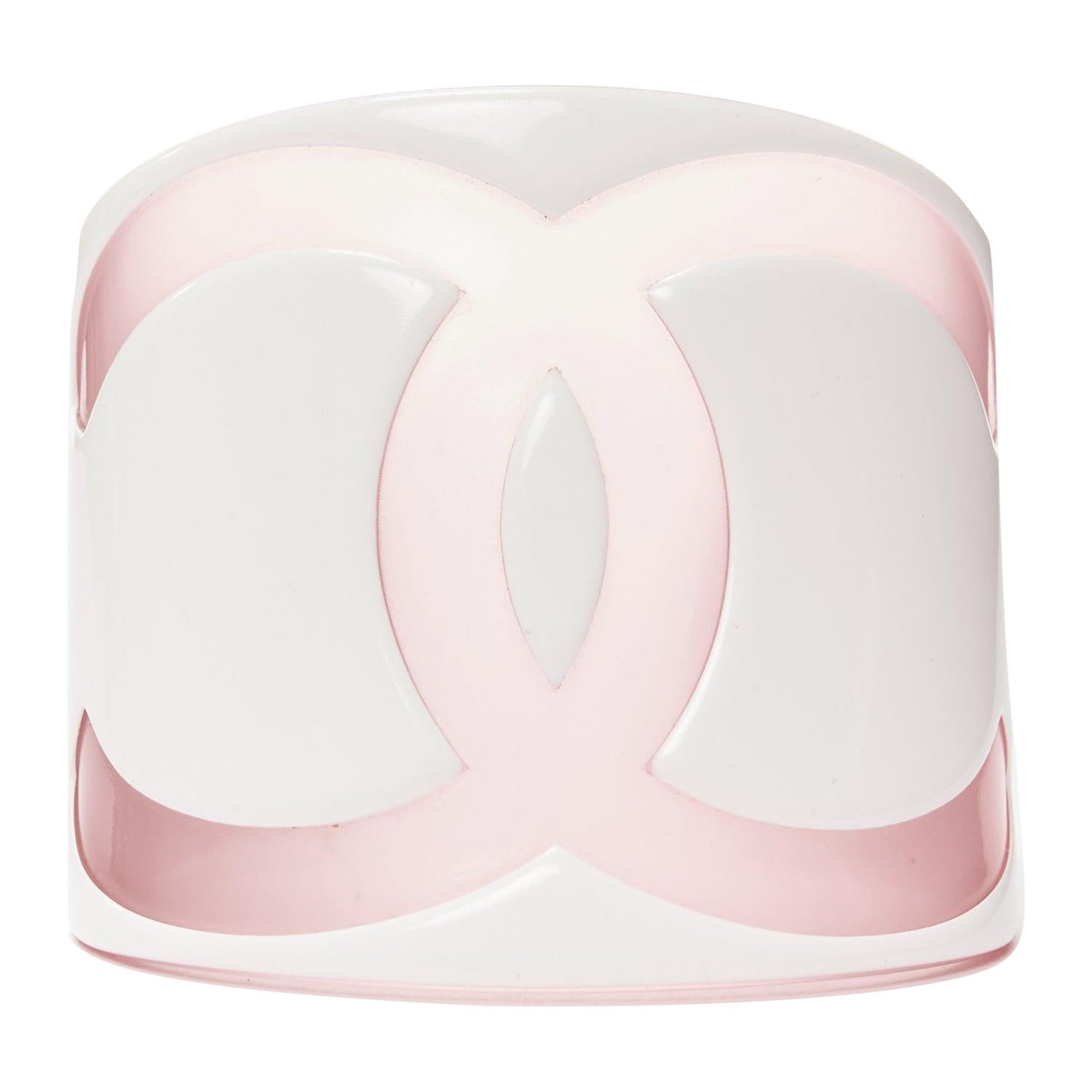 CHANEL Karl Lagerfeld 03P pink white giant CC logo resin bangle bracelet For Sale