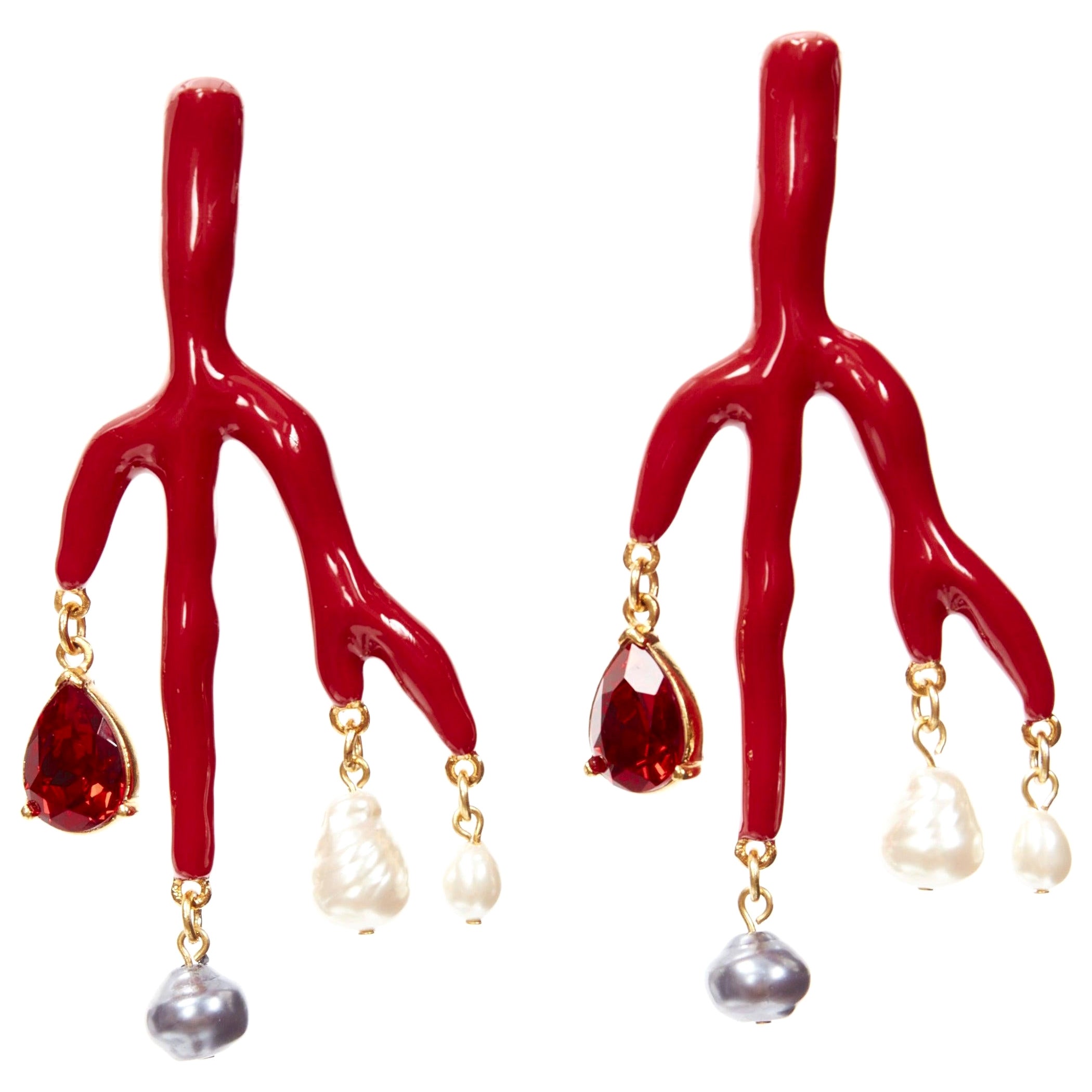 OSCAR DE LA RENTA red coral branch crystal faux pearl droplet pin earrings pair For Sale