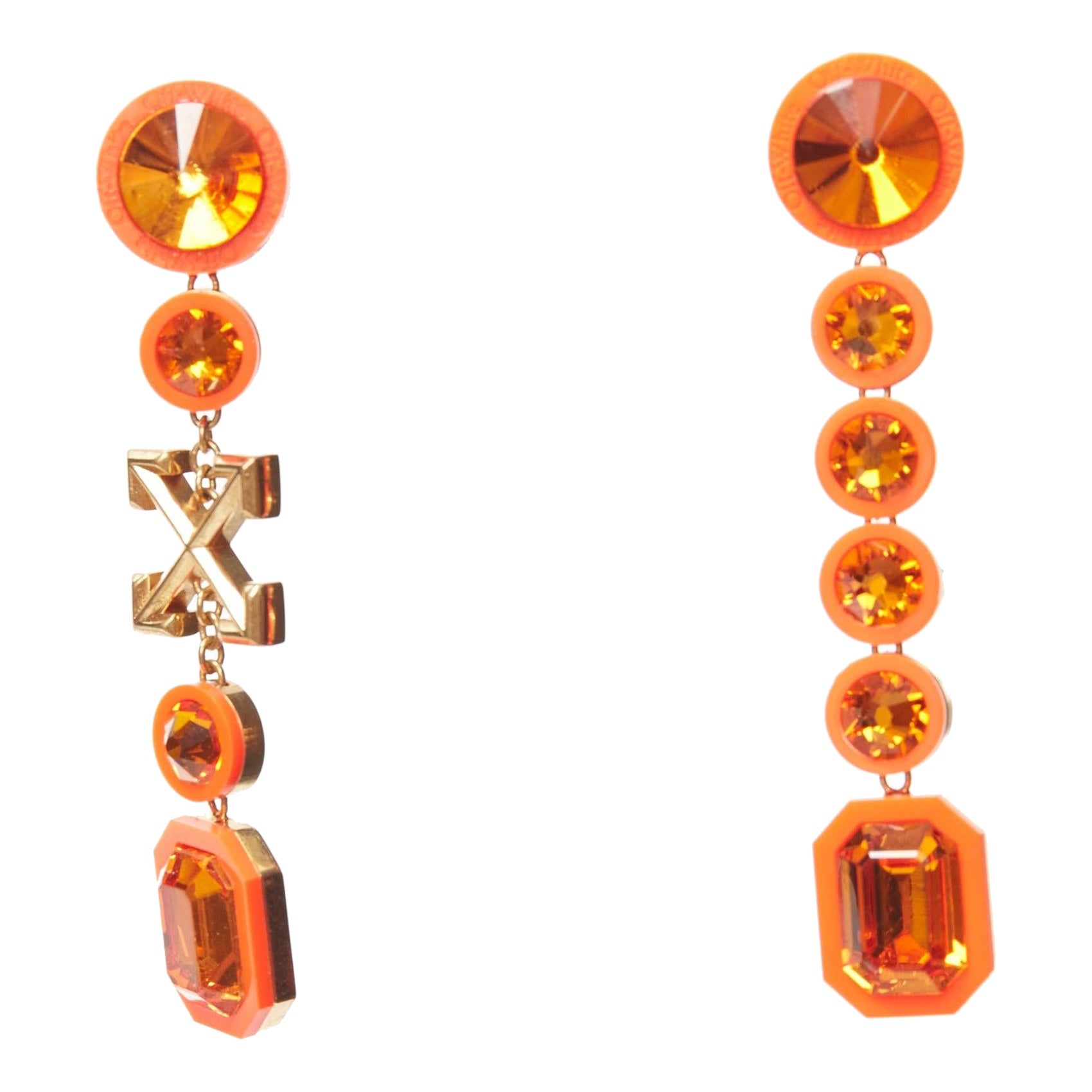 OFF WHITE neon orange gold logo jewel rhinestone drop pin earrings pair For Sale