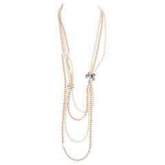 CHRISTIAN DIOR John Galliano Vintage silver crystal bow faux pearl long necklace