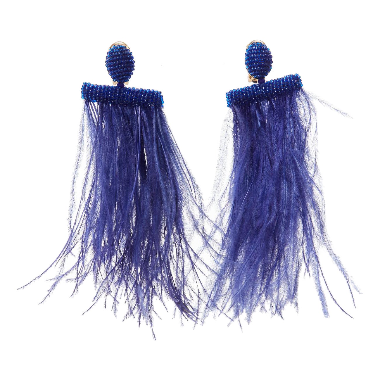 OSCAR DE LA RENTA blue ostrich feather beaded statement clip on earrings pair For Sale