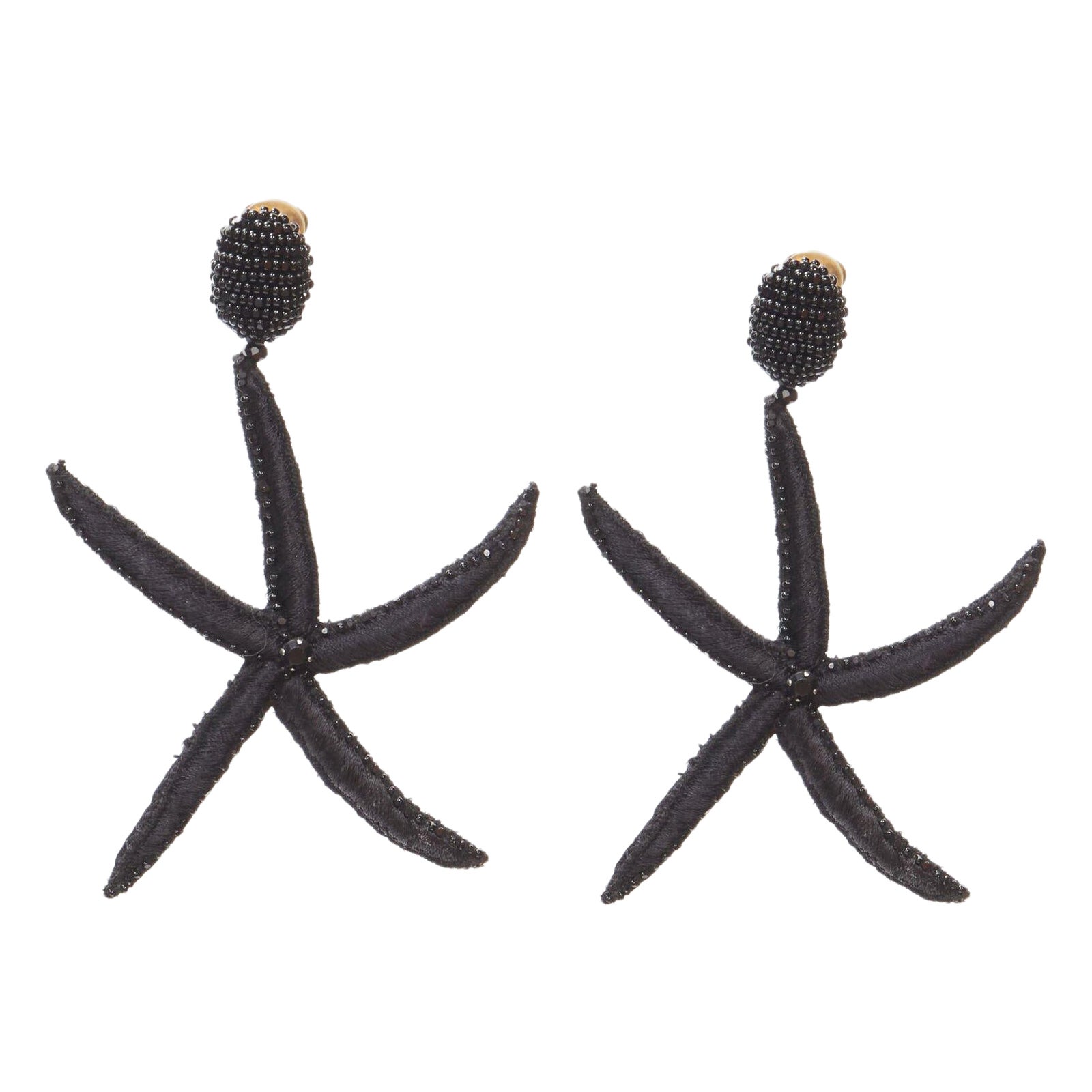 OSCAR DE LA RENTA black Large Starfish bead embellished clip on earrings For Sale