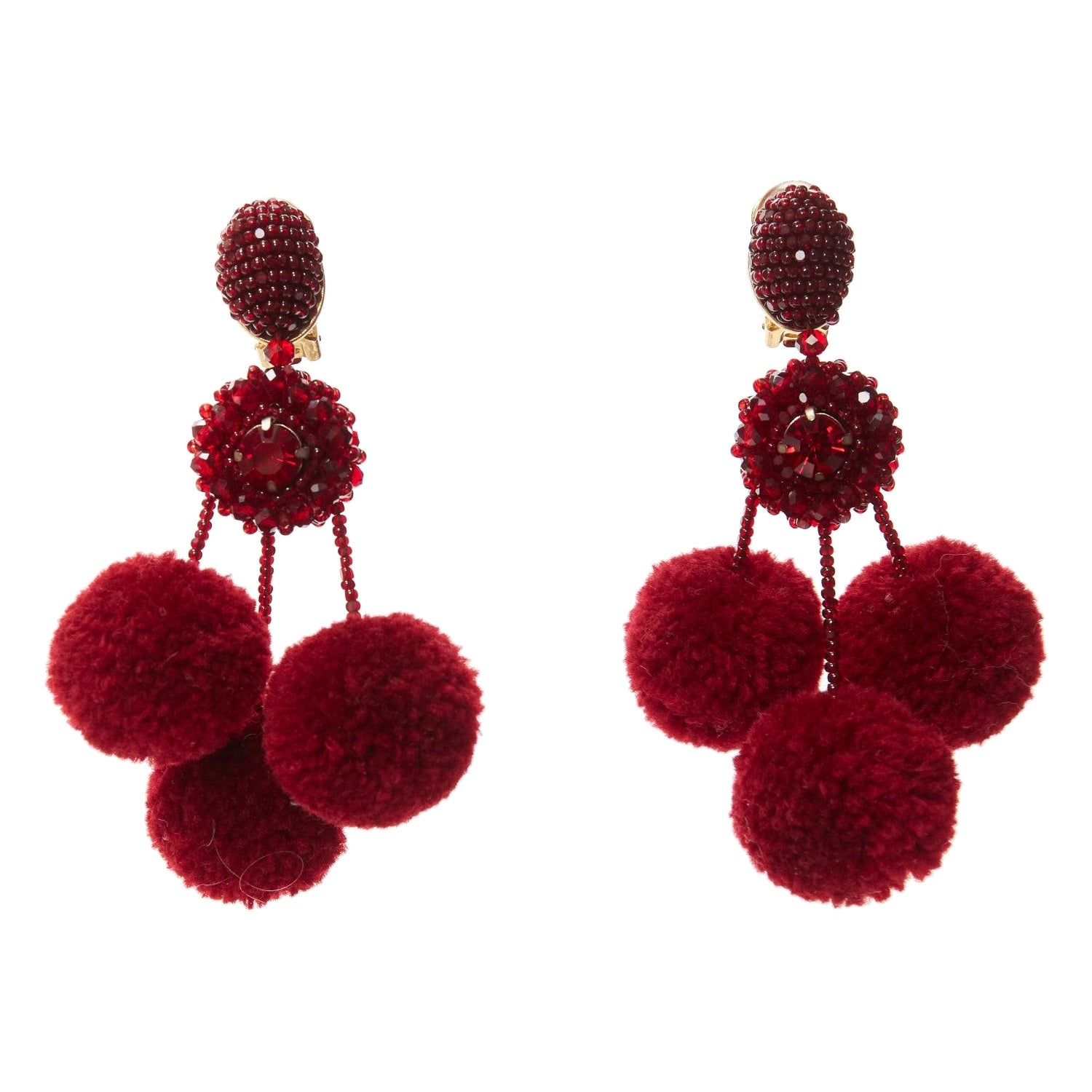 OSCAR DE LA RENTA red pompom beads embellished dangling clip on earrings pair