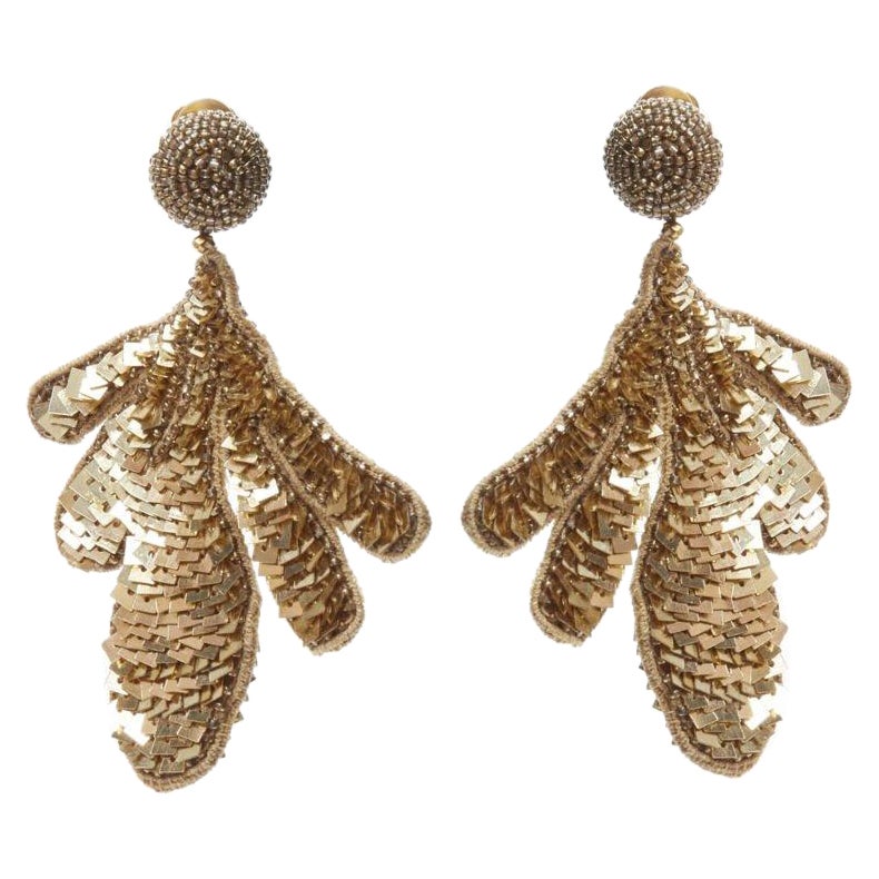 OSCAR DE LA RENTA gold sequin bead embellished leaf statement earring For Sale