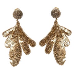 OSCAR DE LA RENTA gold sequin bead embellished leaf statement earring