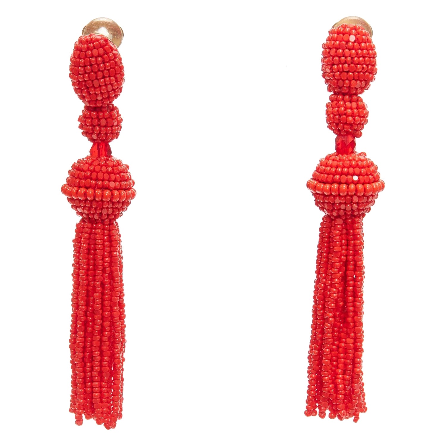 Oscar DE LA RENTA - Paire de boucles d'oreilles à clip avec perles rouges et pampilles en forme de chandelier en vente