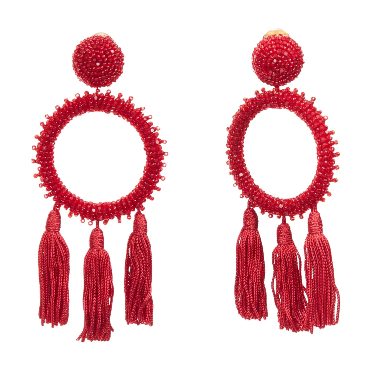OSCAR DE LA RENTA red beaded tassel fringe hoop dangling clip on earrings pair For Sale