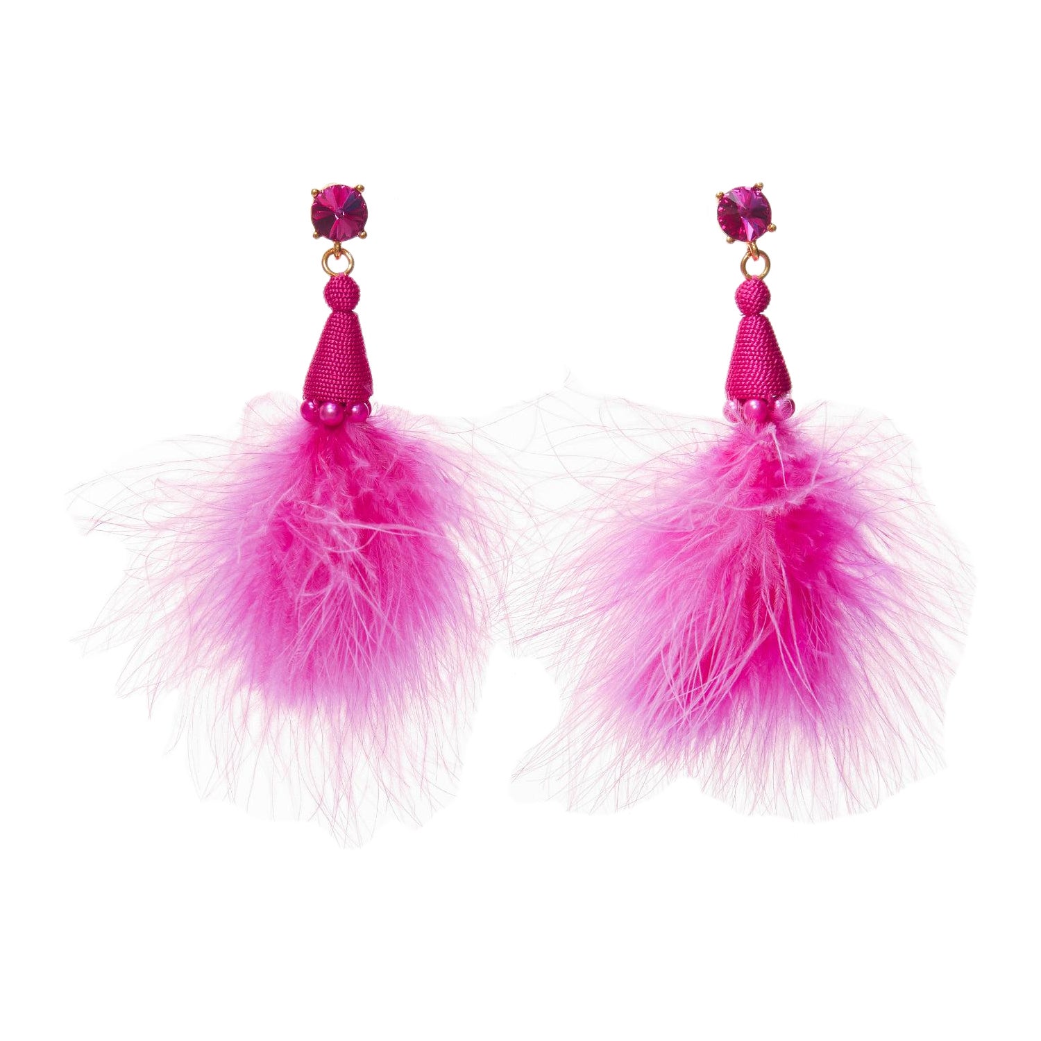 OSCAR DE LA RENTA hot pink ostrich feather bead crystal pin earrings pair For Sale