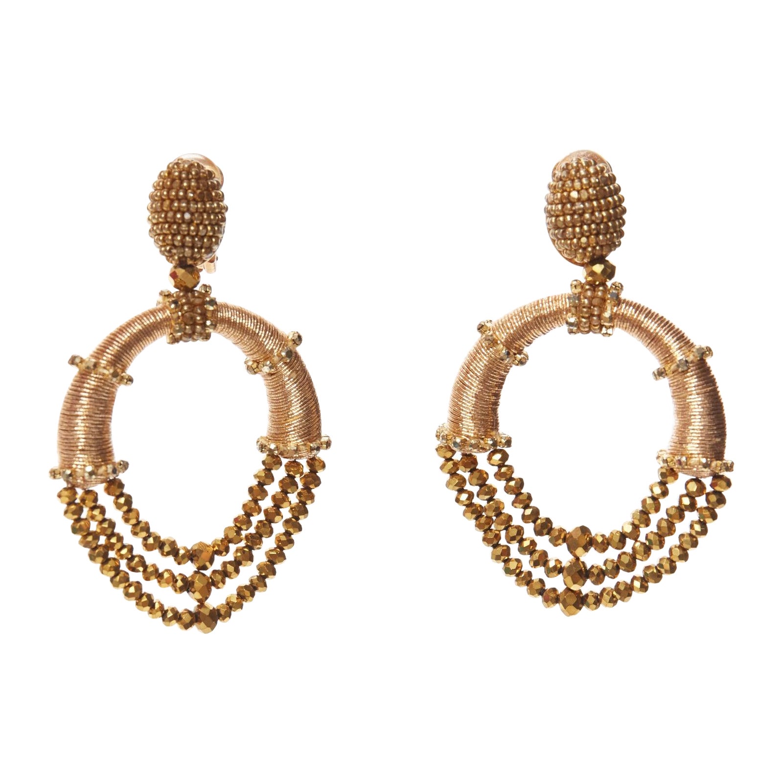 OSCAR DE LA RENTA bronze gold beaded coil hoop dangling clip on earrings pair For Sale