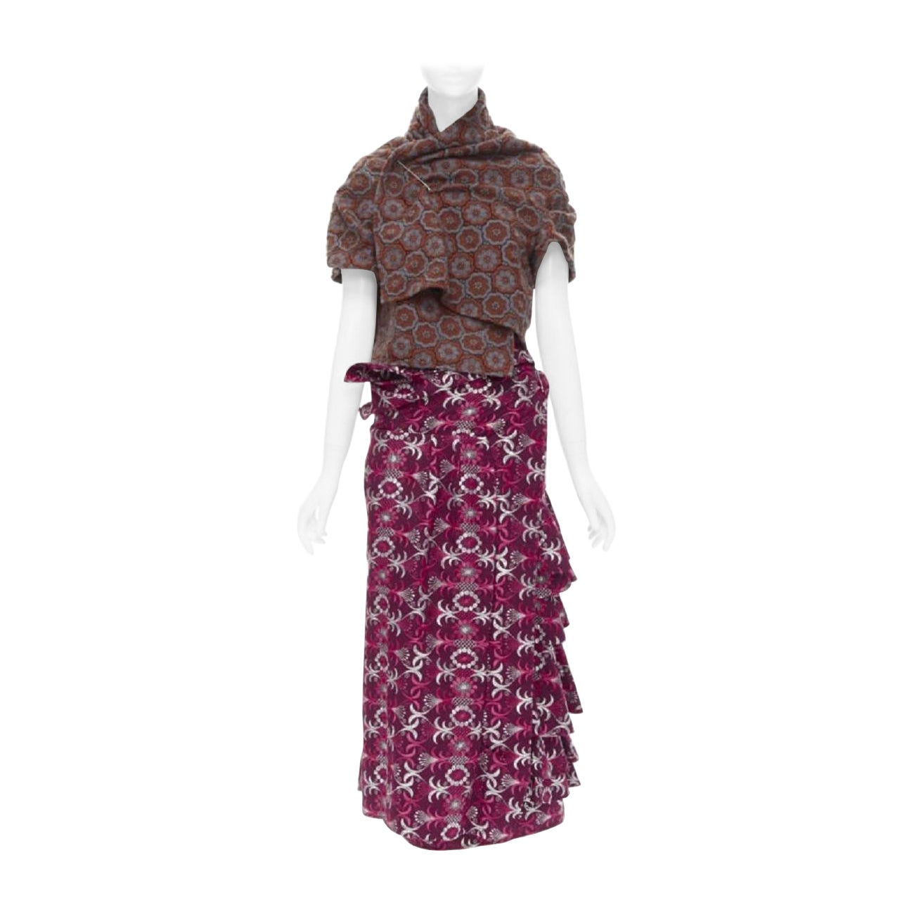 Défilé COMME DES GARCONS 1999 Vintage Brown floral macrame wrap top ruffle skirt en vente