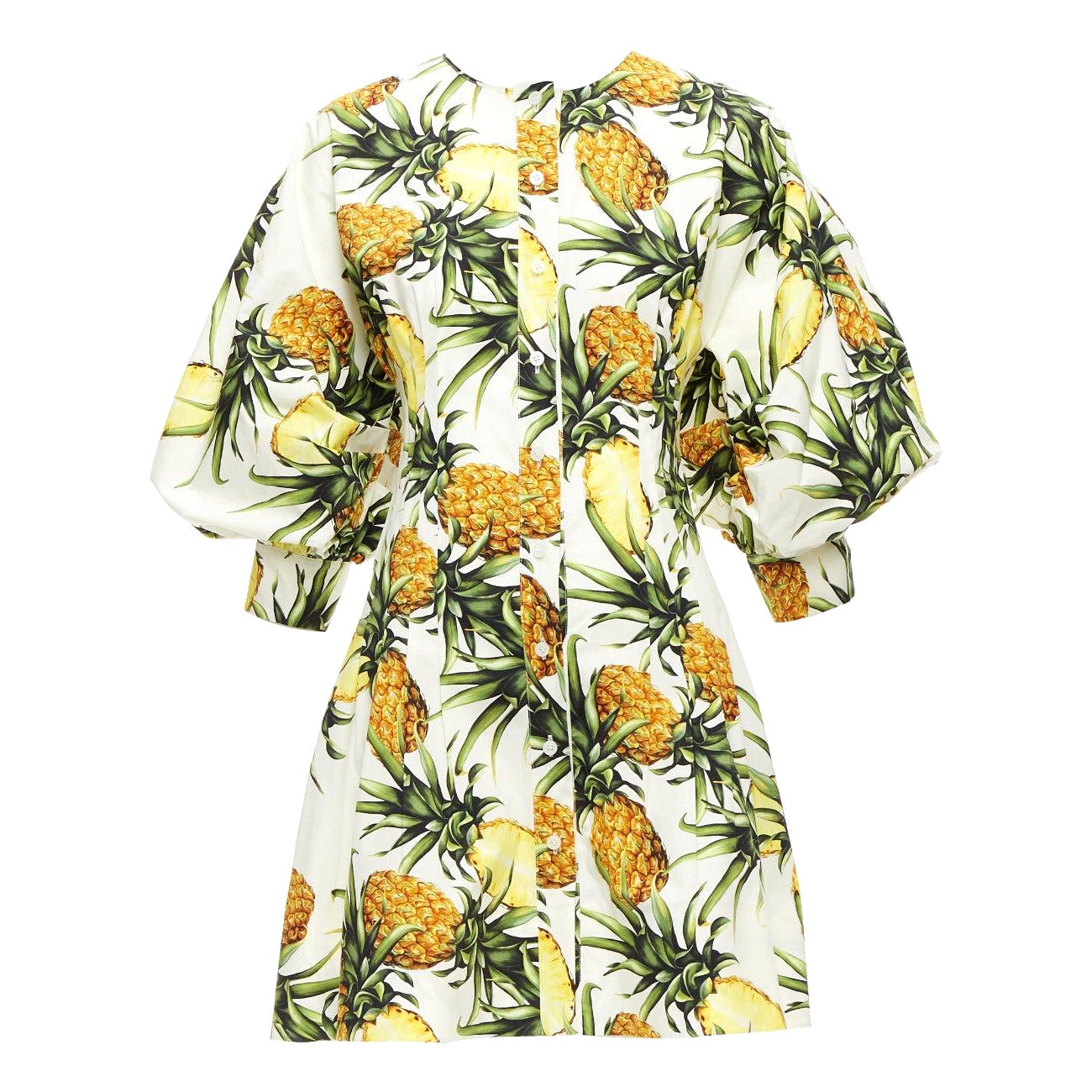 OSCAR DE LA RENTA 2021 yellow white pineapple print puff sleeve dress US2 S For Sale