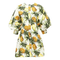 OSCAR DE LA RENTA 2021 yellow white pineapple print puff sleeve dress US2 S