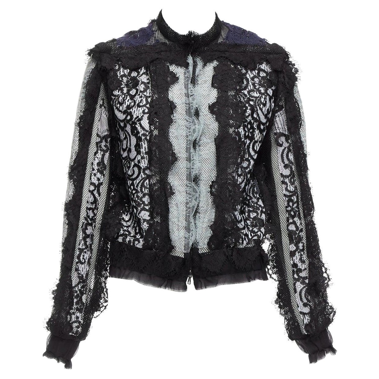LANVIN blue black intricate lace panels sheer long sleeve jacket FR34 XS For Sale