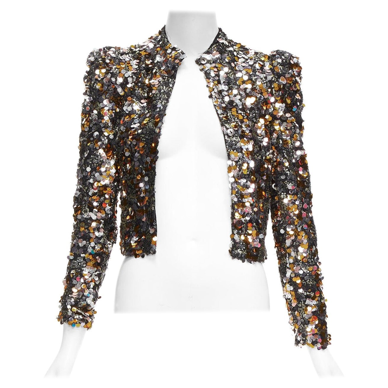 HOUSE OF HARLOW REVOLVE silver gold pailette sequins peak shoulder jacket XXS For Sale