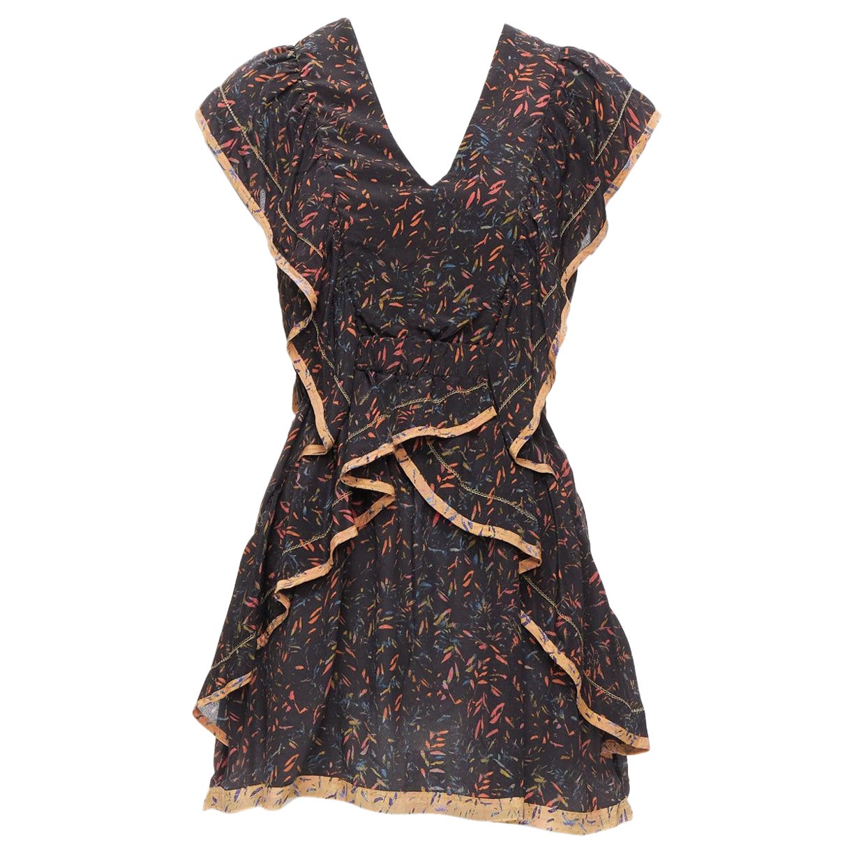 IRO 2018 Jicka 100% silk black coral orange floral ruffle short dress FR34 XS For Sale