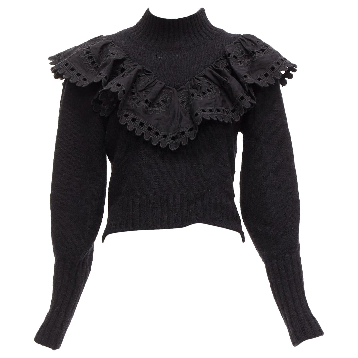 SEA NEW YORK black merino wool alpaca Victorian ruffle crop sweater XS For Sale