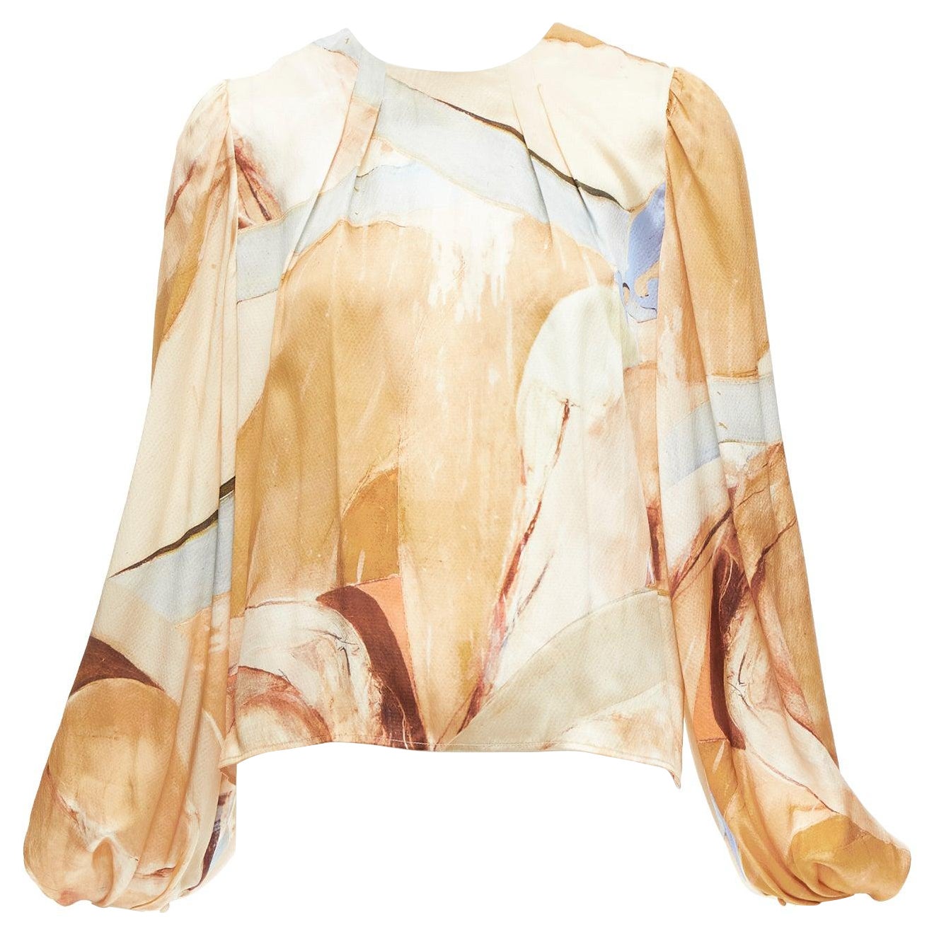 AJE 2018 100% silk beige blue abstract brush print puff sleeve top UK6 XS For Sale