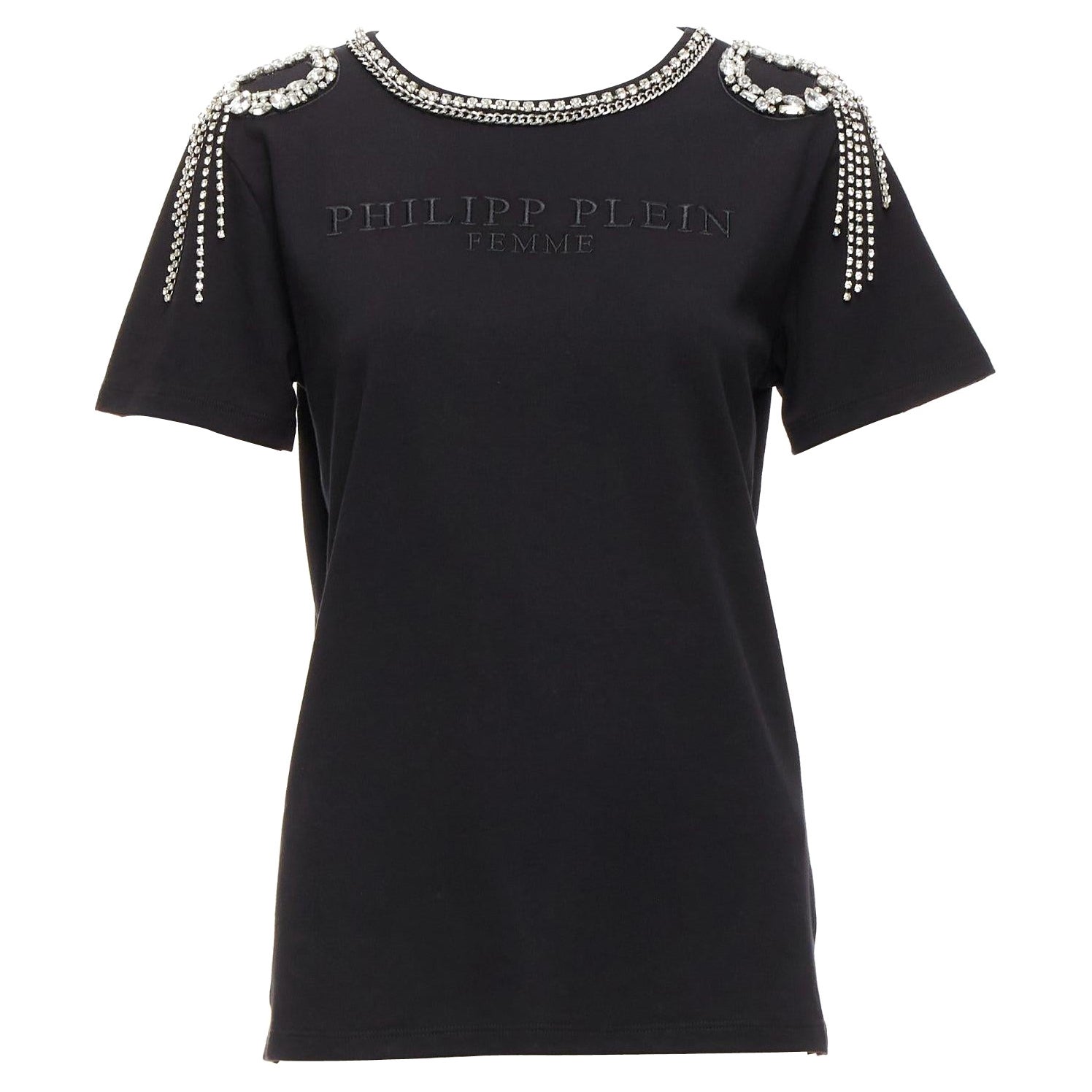 PHILLIP PLEIN FEMME black embroidery clear crystal fringe embellished tshirt XS For Sale