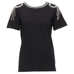 PHILLIP PLEIN FEMME black embroidery clear crystal fringe embellished tshirt XS