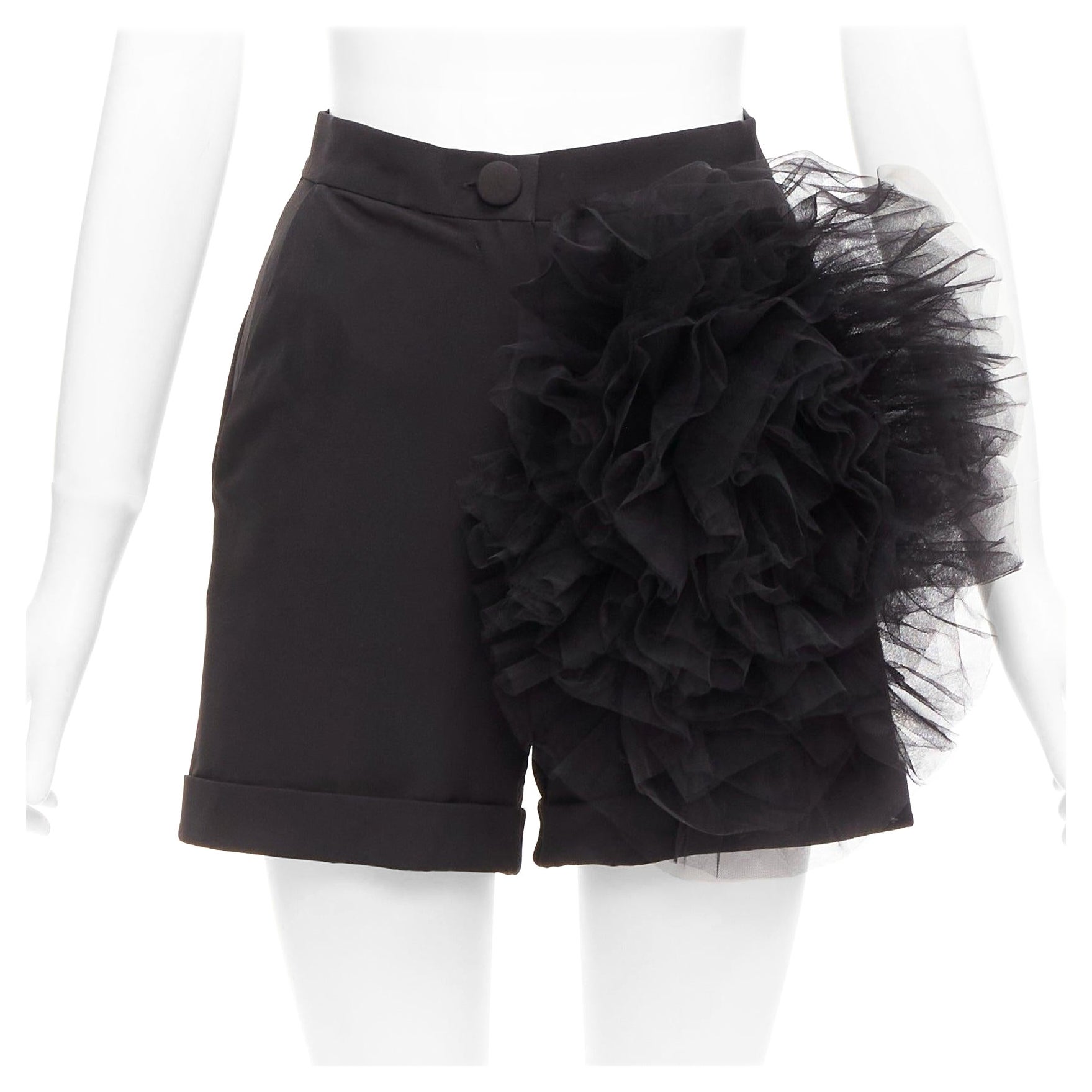 LOULOU STUDIO black oversized tulle flower high waisted cuffed shorts XS For Sale