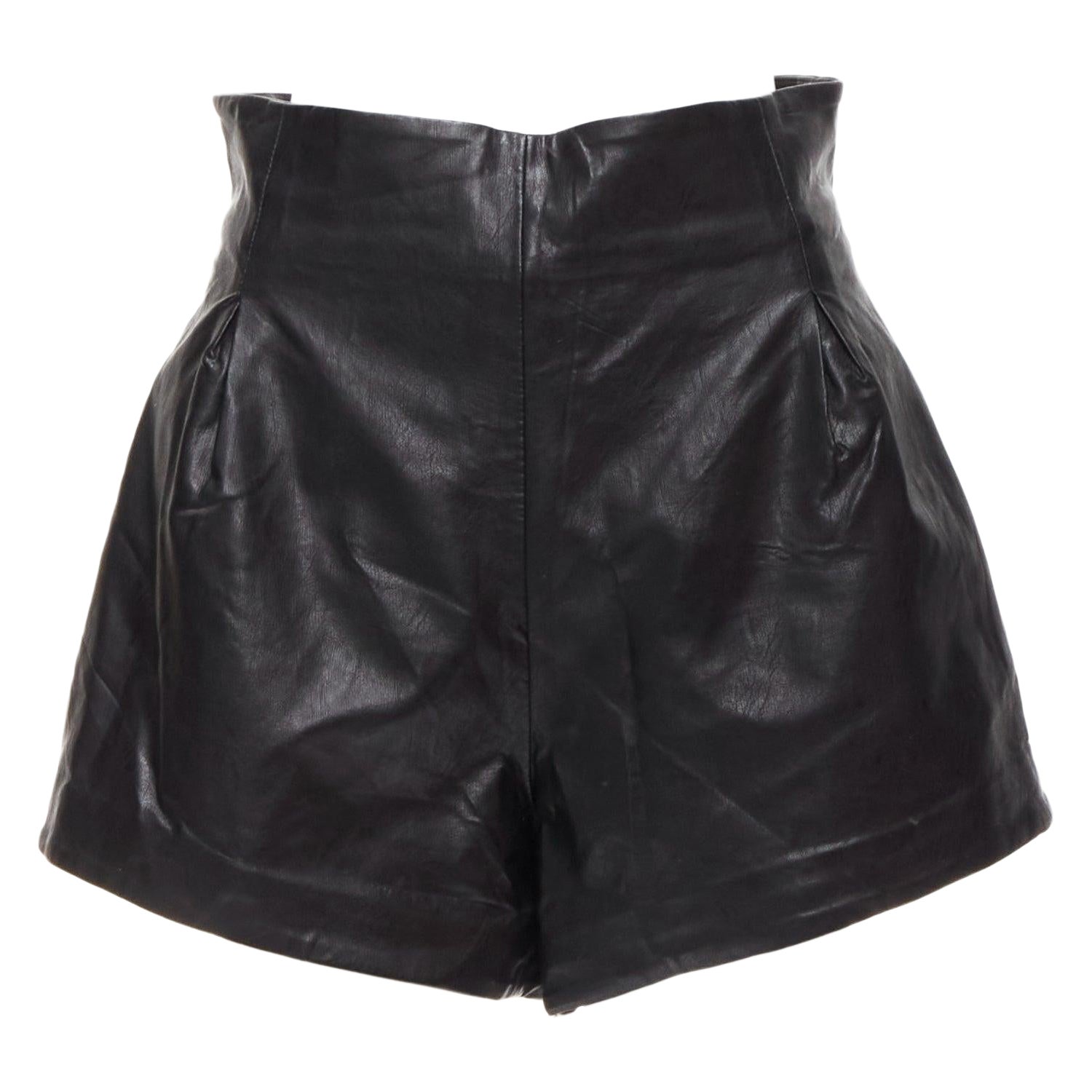 BRONX & BANCO black faux leather high waist paperbag waist flared shorts S For Sale