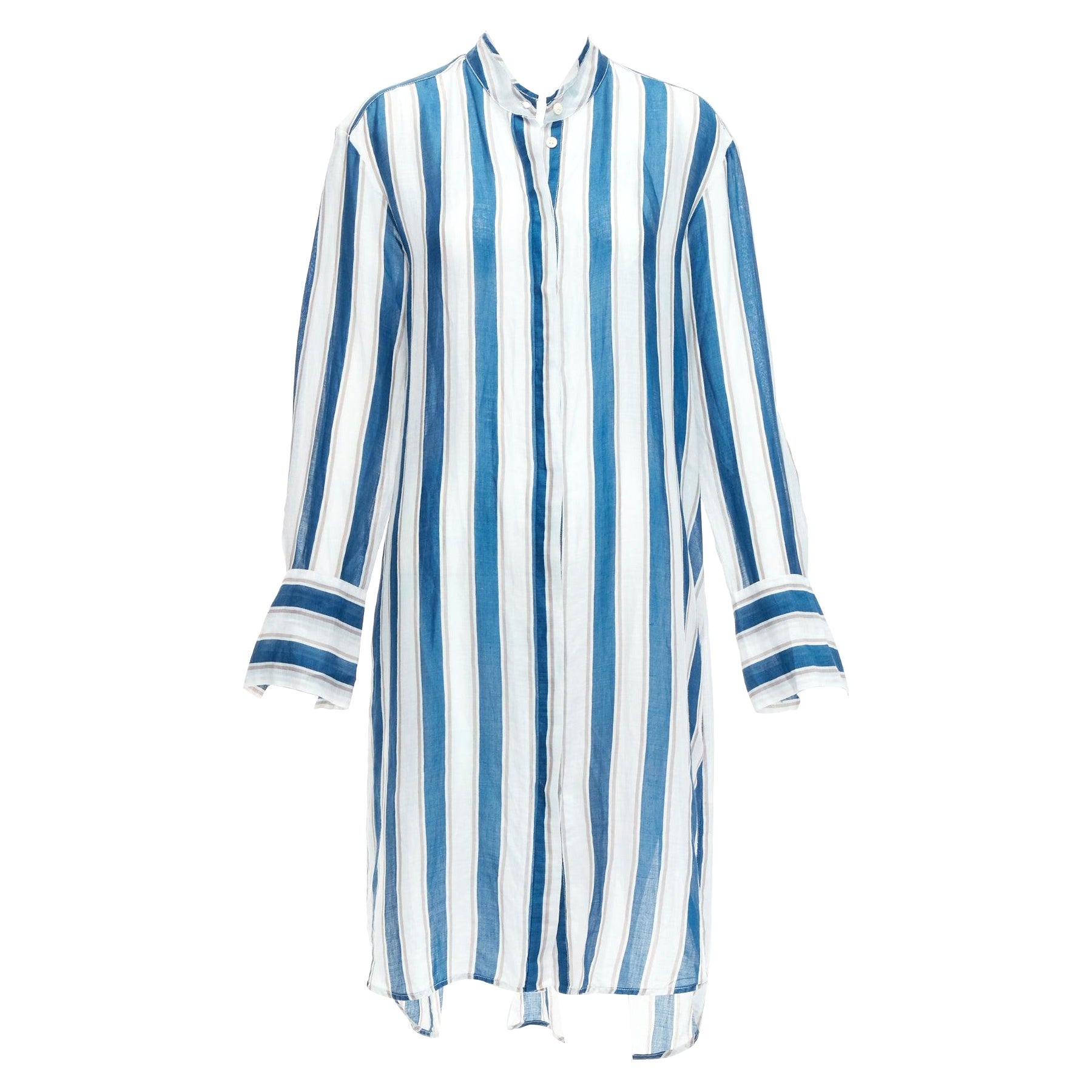 LEE MATHEWS blue grey stripe 100% linen high low hem casual shirt dress US0 XS For Sale