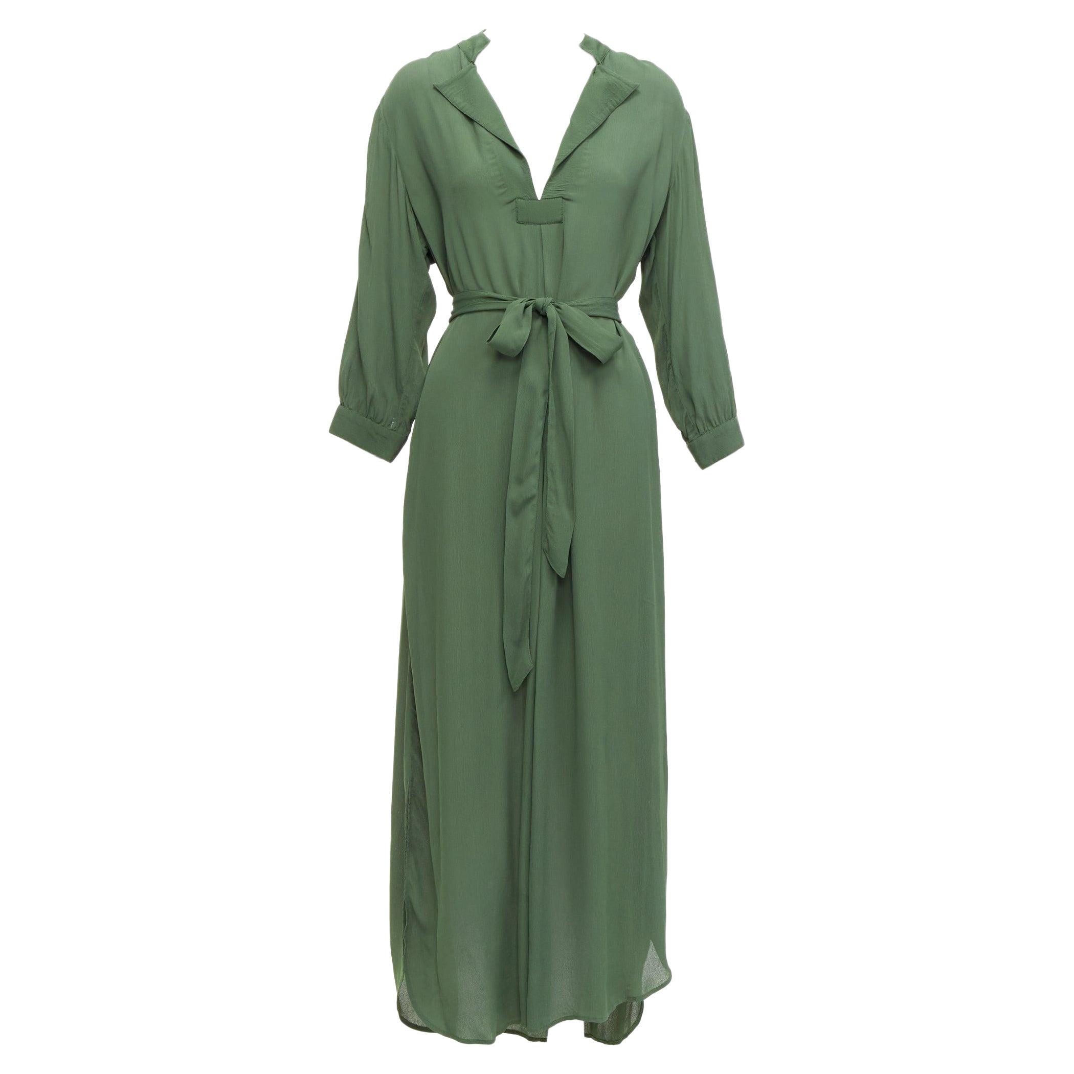 WIGGY KIT forest green viscose V-neck dropped shoulder belted midi dress S For Sale
