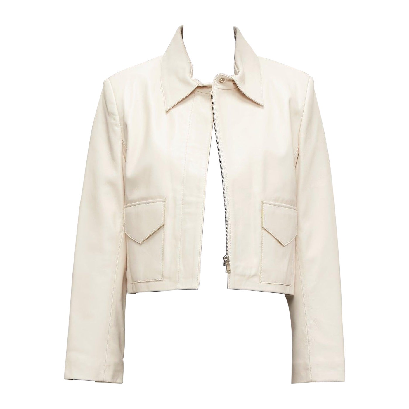 NOUR HAMMOUR cream lambskin minimal dual pocket cropped zip jacket IT36 XXS For Sale