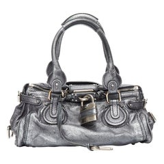 CHLOE Paddington silver leather logo lock shoulder top handle tote bag