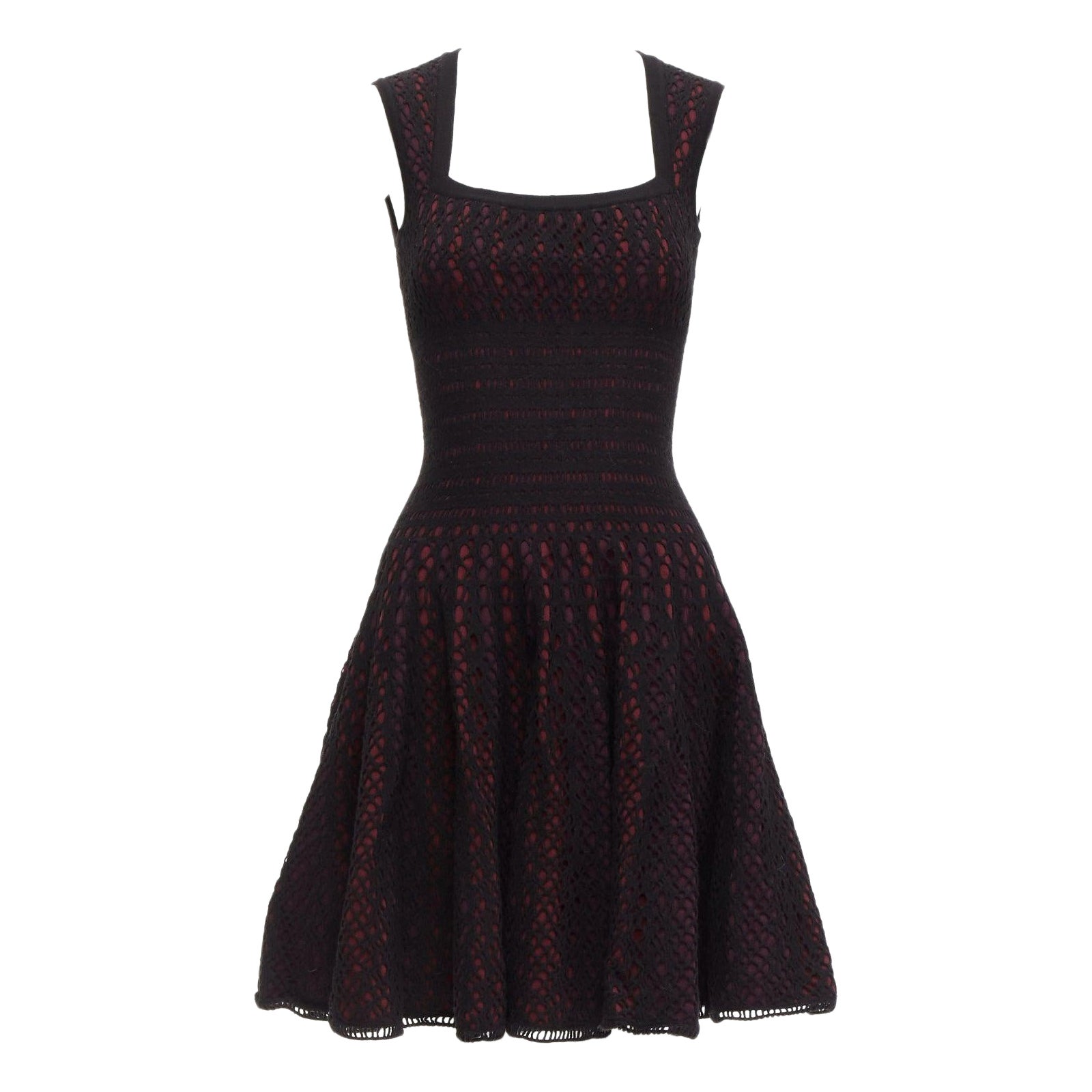 ALAIA black burgundy virgin wool blend cut out jacquard square neck dress FR36 S For Sale